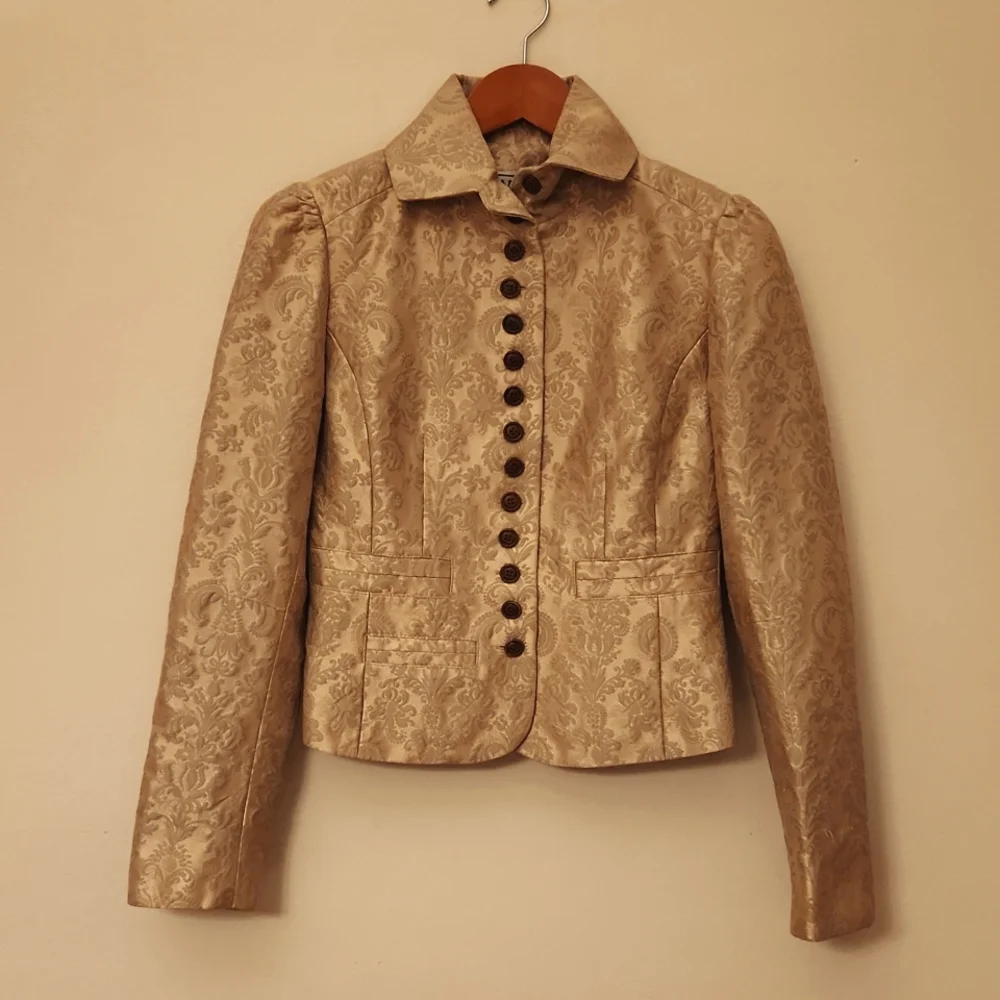 Carlisle gold damask jacquard brocade peplum blazer fit flare skirt suit - Picture 4 of 7